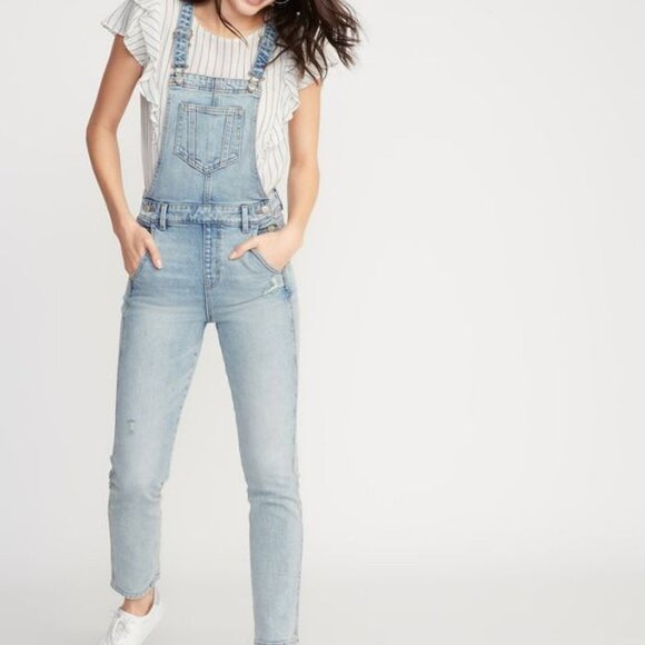 Old Navy Slouchy Straight Light-Wash Distressed Jean Overalls Size 0 - Picture 1 of 7